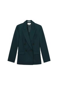 Tīra divrindu žakete, kas izgatavota no gluda auduma, ar atlokāmu apkakli, divām priekšējām kabatām un melnām pogām, ar piegulošu piegriezumu.