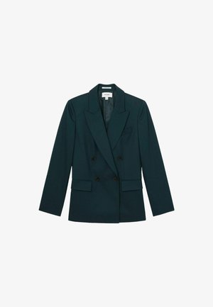 Tarnfarbener, doppelt geknöpfter Blazer aus glattem Stoff, mit Reverskragen, zwei Fronttaschen und schwarzen Knöpfen, in taillierter Passform.