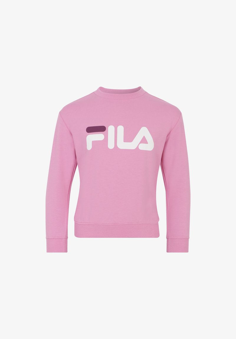 Felpa in pile rosa con colletto rotondo, polsini e orlo ribattuti. Presenta un grande logo FILA bianco e viola sul davanti. Texture morbida.