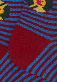 Calzini a righe con una combinazione di colori rosso e blu, con strisce testurizzate e motivi floreali in giallo, verde e accenti neri.