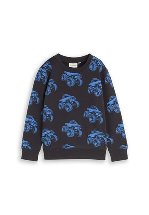 Sweat-shirt bleu foncé pour enfants avec des imprimés répétés de monster trucks bleu vif et des manches longues.