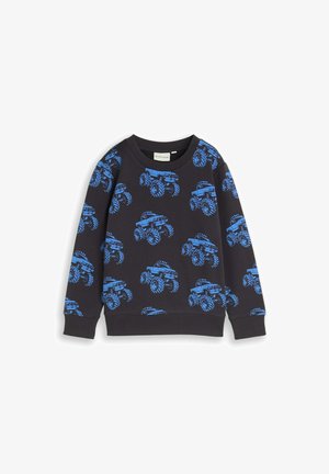 Sweat-shirt bleu foncé pour enfants avec des imprimés répétés de monster trucks bleu vif et des manches longues.