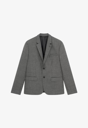 Grau karierter Blazer mit einem Reverskragen, zwei vorderen Taschen und einem Ein-Knopf-Verschluss. Glatte Textur mit einer taillierten Passform.
