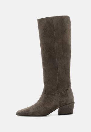 Botte haute en daim marron avec bout pointu et talon bloc bas, vue de côté sur un fond uni.