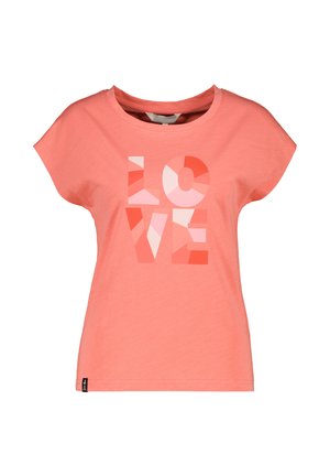 Coral pink short-sleeve T-shirt with geometric patterned "LOVE" text in shades of pink and red on the front.