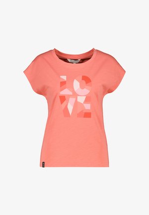 Korallrosa T-Shirt mit kurzen Ärmeln und dem geometrisch gemusterten Schriftzug "LOVE" in verschiedenen Rosa- und Rottönen auf der Vorderseite.