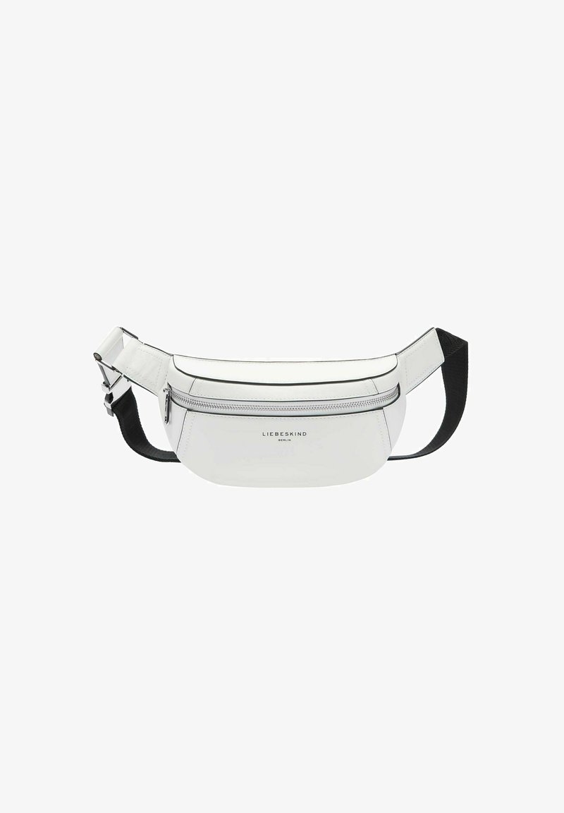 White synthetic belt bag with black accents, featuring a zippered main compartment and adjustable strap. Smooth texture with subtle branding.