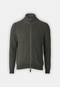 Tummanharmaa, ribbineulottu neulepusero, jossa on pystykorkea kaulus ja kokopitkä vetoketjusuljin. Pehmeä koostumus ja vartalonmyötäinen siluetti ilman näkyviä kuvioita.