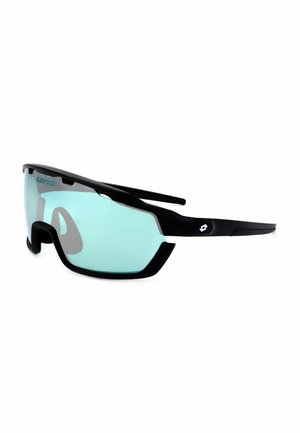Occhiali da sole sportivi avvolgenti neri e turchesi con una lente unica tinta e logo Lotto sul lato della montatura e nell'angolo superiore.