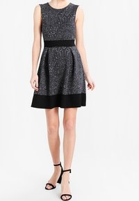 Ärmelloses Kleid in Schwarz und Grau mit tailliertem Oberteil, strukturiertem Muster und schwingendem Rock; der schwarze Bund und der Saum betonen das Design.