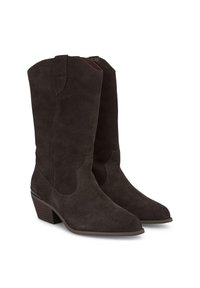 Botas de vaquero de ante marrón oscuro con punta afilada, detalles de costura sutiles y un tacón apilado. Diseñadas con un caña alta y tiradores laterales.