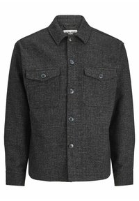 Camicia nera con bottoni realizzata in tessuto testurizzato con un motivo sottile, dotata di due tasche sul petto e bottoni scuri.