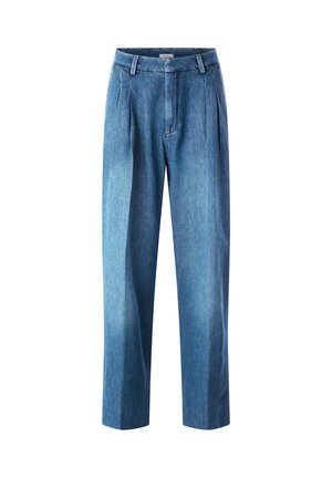 Pantaloni in denim blu a vita alta con pieghe, gambe dritte, passanti per cintura e chiusura frontale con zip nascosta e bottone.