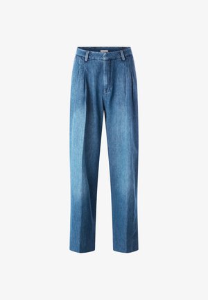 Mėlyni džinsiniai kelnės su aukštu liemeniu, pliūpsniais, tiesiomis kojomis, diržo kilpelėmis ir paslėptu priekiu su užtrauktuku bei sagos užsegimu.