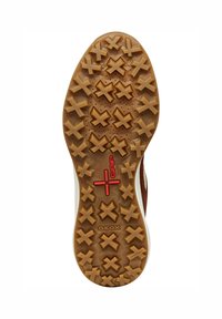 La suola di gomma marrone presenta un motivo intricato di croci per la presa, un marchio in rilievo di colore rosso e un bordo bianco lungo il perimetro.