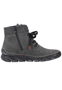 Bottine grise avec un col en tricot texturé, fermeture éclaire latérale et coutures contrastées. Semelle durable avec un motif strié pour une traction optimale.