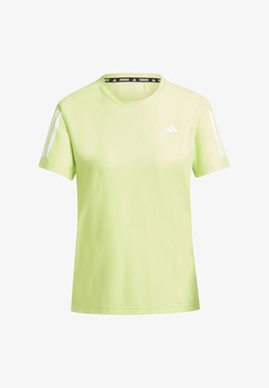 Světlé zelené sportovní tričko vyrobené z prodyšného materiálu. Na rukávech má bílé pruhy a černou nálepku "RUNNING" na výstřihu.