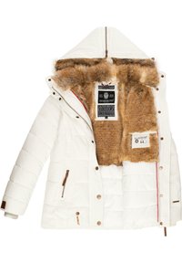 Jachetă puffer albă cu glugă căptușită cu blană, având exteriorul matlasat, buzunare cu fermoar și cusături decorative pe mâneci.