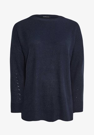 Pull en maille bleu marine avec des manches longues, un col rond et un motif texturé avec des mailles ouvertes sur les manches.