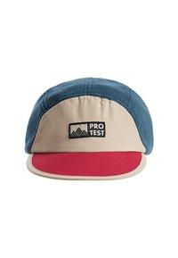 Two-tone cap with a blue fleece upper, beige sides, and a contrasting red visor. Features a "PRO TEST" logo on the front.