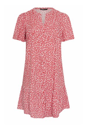 Rotes Kurzarmkleid mit kleinem weißem Blumenmuster, V-Ausschnitt, durchgehender Knopfleiste und leicht ausgestelltem Saum.