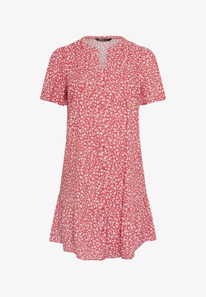 Vestido rojo de manga corta con pequeño estampado floral blanco, escote en V, cierre de botones en la parte delantera y dobladillo ligeramente acampanado.