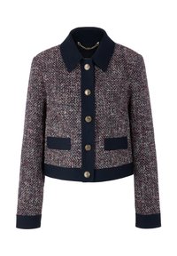 Woven jacket in navy, red, and white, featuring a collar, gold buttons, and front pockets. Cropped design with textured fabric.