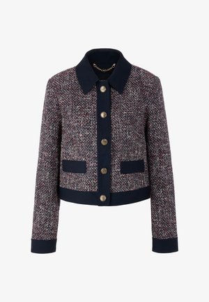 Gewebte Jacke in Marineblau, Rot und Weiß mit Kragen, goldenen Knöpfen und Fronttaschen. Kurz geschnittenes Design mit strukturierter Stoffoberfläche.