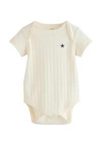 Kortärmad krämfärgad bodysuit med ribbad textur och en liten marinblå stjärna på bröstet; har tryckknappar i botten för lätt påklädning.