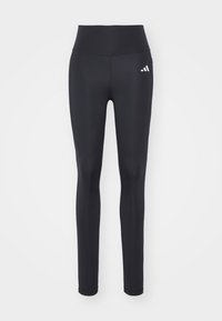 Svarta sportleggings med hög midja, slät textur och subtil tre-stripes logotypdetalj på vänster höft.