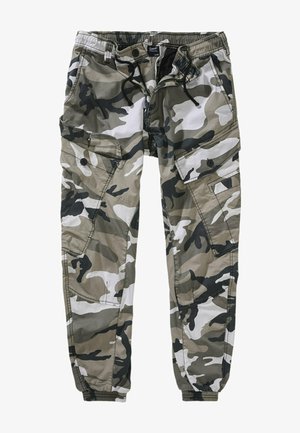 Spodnie cargo w odcieniach szaro-zielonych w kamuflażu, z wieloma kieszeniami, ściągaczem w talii, elastycznymi mankietami oraz mocną teksturą materiału.