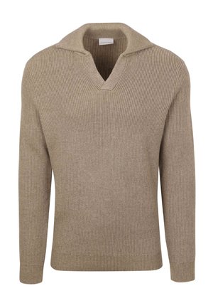 Beige gebreide trui met een V-hals en lange mouwen, voorzien van een geribbelde textuur en een klassiek kraagontwerp.