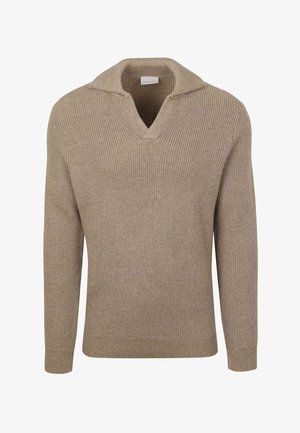 Beige gestrickter Pullover mit V-Ausschnitt und langen Ärmeln, ausgestattet mit einer gerippten Textur und klassischem Kragendesign.