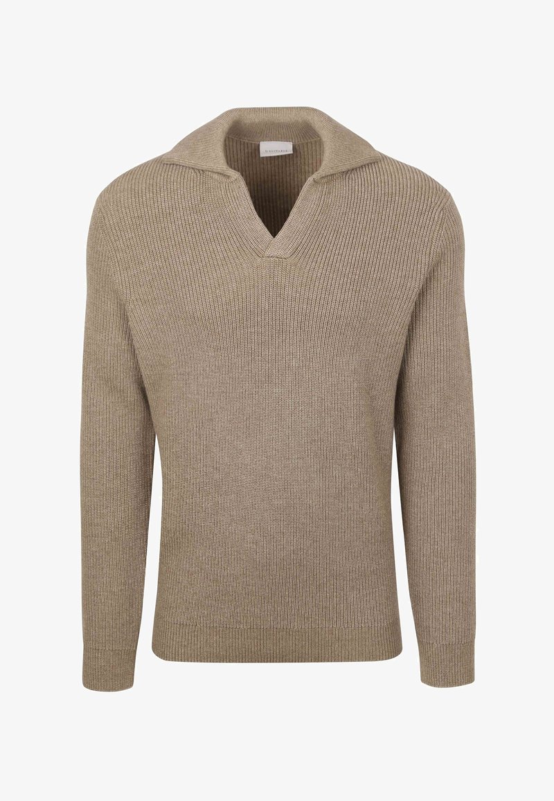 Beige gestrickter Pullover mit V-Ausschnitt und langen Ärmeln, ausgestattet mit einer gerippten Textur und klassischem Kragendesign.