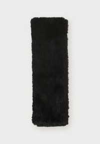 Black faux fur headband, rectangular shape, soft texture, dense pile, with rounded edges, measuring approximately 20 cm by 8 cm.