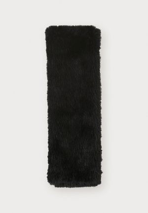 Black faux fur headband, rectangular shape, soft texture, dense pile, with rounded edges, measuring approximately 20 cm by 8 cm.