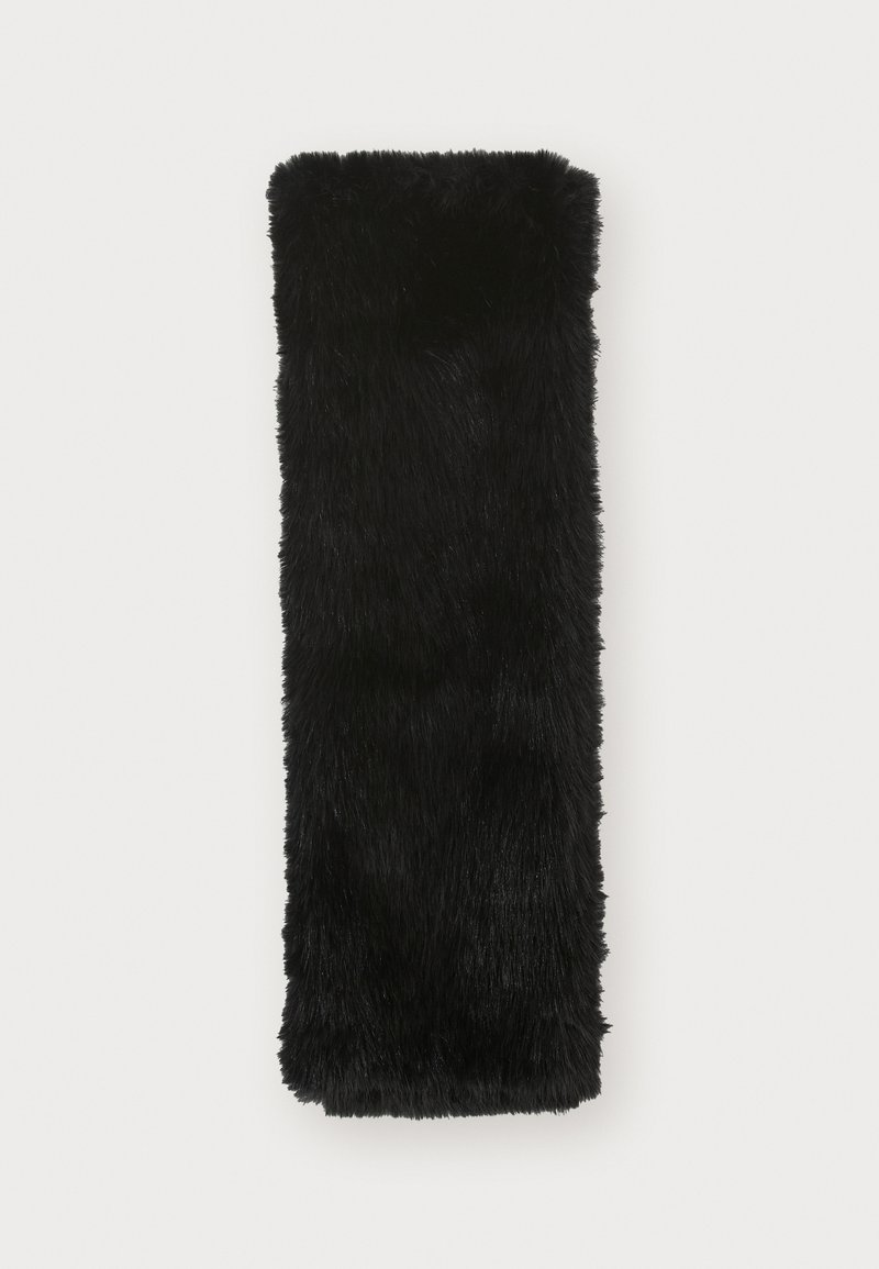 Black faux fur headband, rectangular shape, soft texture, dense pile, with rounded edges, measuring approximately 20 cm by 8 cm.
