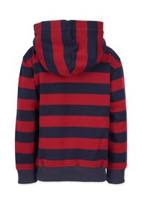 Röd och marinblå randig hoodie, med långa ärmar, en stor huva och ribbade ärmslut och nederkant. Tillverkad av mjukt bomullsmaterial.