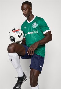 Grøn fodboldtrøje med hvide detaljer, der har et logo og et diamantmønster. Kombineret med marineblå shorts, hvide knæstrømper og sorte sneakers.