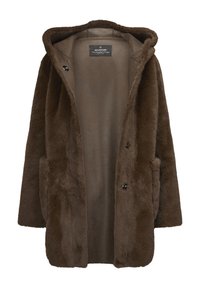Brauner Fellmantel mit Kapuze, verfügt über eine weiche Textur, Knopfverschlüsse und zwei seitliche Taschen. Das Innere zeigt ein glattes braunes Futter.