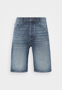 Lette blå denimshorts med falmet vask, som har en knappelukking i midjen, to frontlommer og sydd detaljer på sømmene.