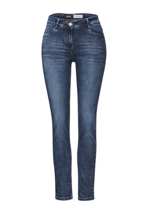 Jeans en denim bleu foncé avec une coupe slim. Les caractéristiques incluent des détails cousus, une fermeture à bouton à l'avant, des passants de ceinture et deux poches avant.