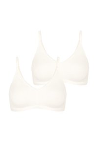 Due bralette bianchi senza cuciture con spalline regolabili, caratterizzate da una texture morbida e un design semplice e classico. Senza ferretti o imbottiture.