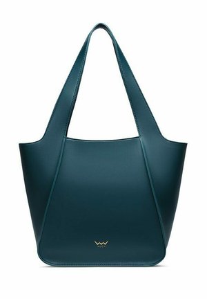 Dunkel türkis strukturierte Tote-Tasche mit breiten Schulterriemen und kleinem goldenen Logo unten in der Mitte.