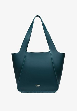 Dunkel türkis strukturierte Tote-Tasche mit breiten Schulterriemen und kleinem goldenen Logo unten in der Mitte.