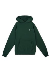 Felpa verde con tasca frontale, polsini e orlo a coste, con un piccolo logo bianco sul lato sinistro del petto. Tessuto morbido.