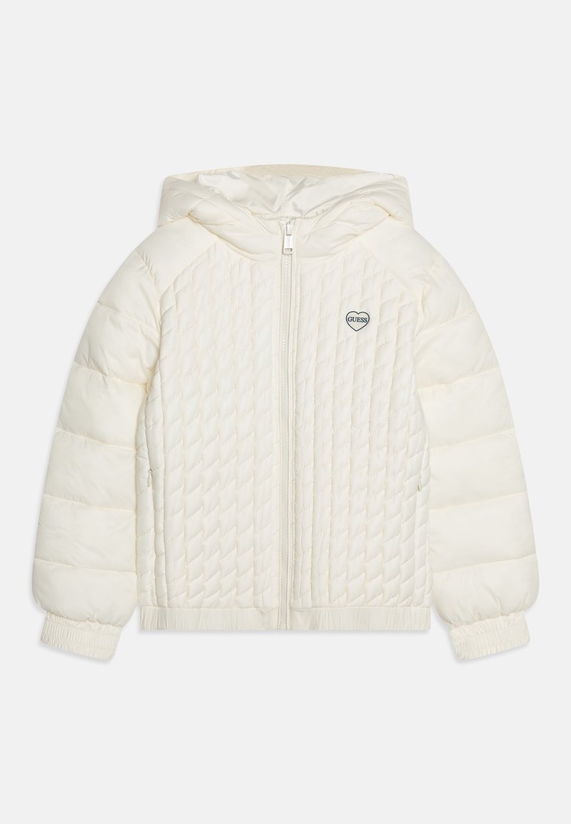 Veste matelassée blanche avec capuche, fermeture éclair frontale, poignets élastiques et petit logo en forme de cœur sur la poitrine gauche.