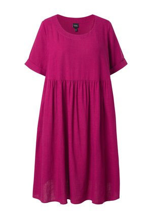 Abito corto rosa brillante con maniche corte, scollo rotondo, vita arricciata e gonna ampia al ginocchio.