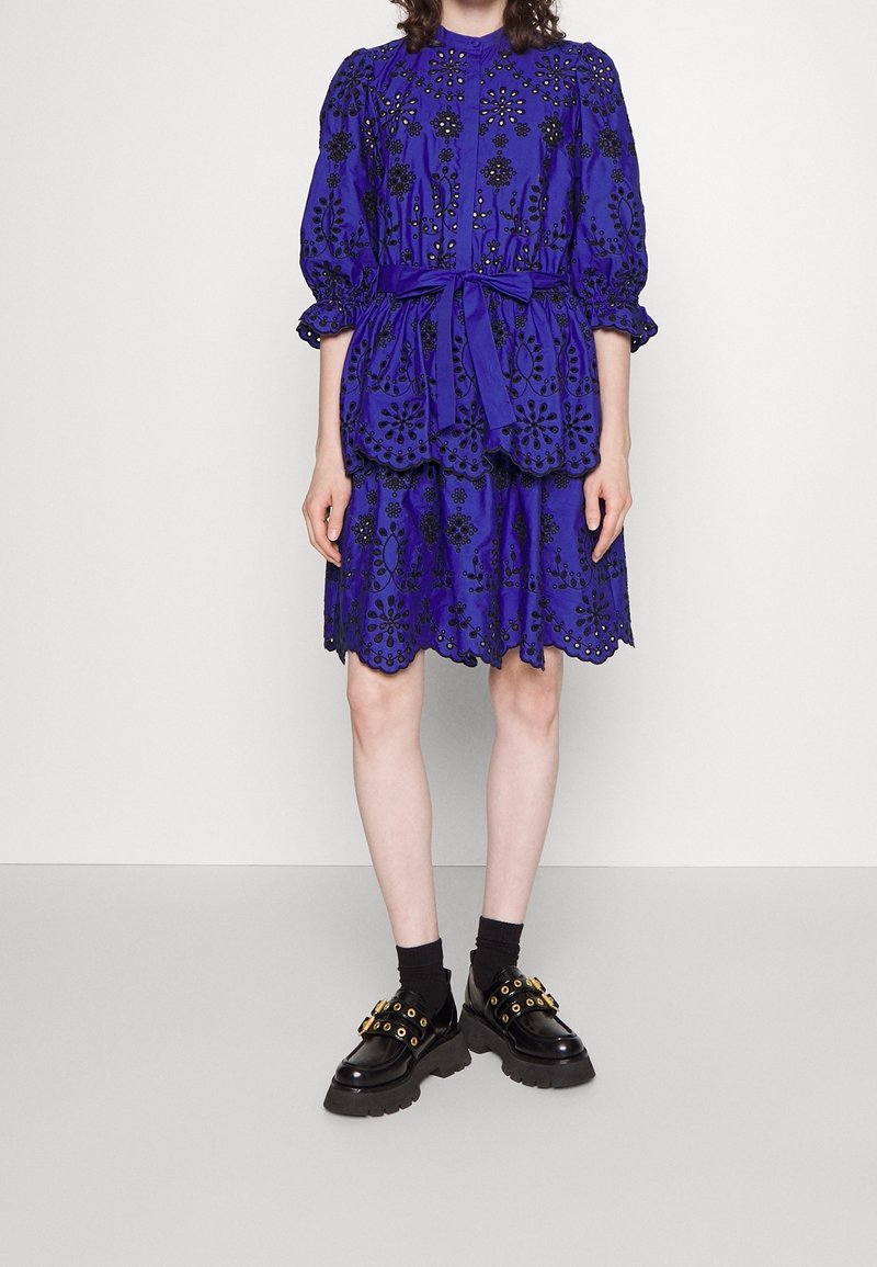 Robe bleue brodée avec des motifs floraux, ourlet festonné, taille cintrée et manches bouffantes, accompagnée de chaussures noires volumineuses avec des accents dorés.