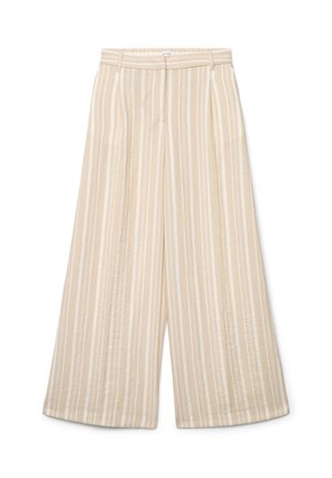 Pantaloni beige a gamba larga con righe bianche verticali, passanti per cintura e chiusura frontale con cerniera.